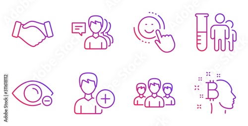 Add person, Group and Smile line icons set. Myopia, Handshake and Medical analyzes signs. People, Bitcoin think symbols. Edit user data, Group of people. People set. Gradient add person icon. Vector