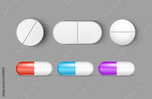 Pills medicine capsule vector icon isolated set. Pharmacy pill treatment painkiller or vitamin medicine