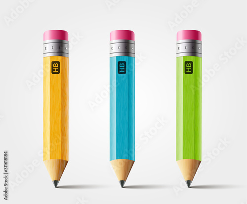 Vector short pencil, realistic pencil isolated cartoon with rubber eraser photo