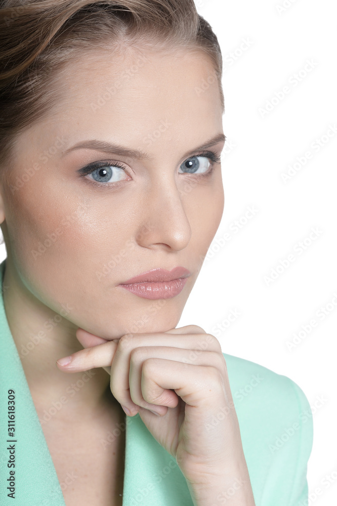 Close up portrait of beautiful young business woman posing isolated on white background Close up portrait of beautiful young business woman posing isolated on white background