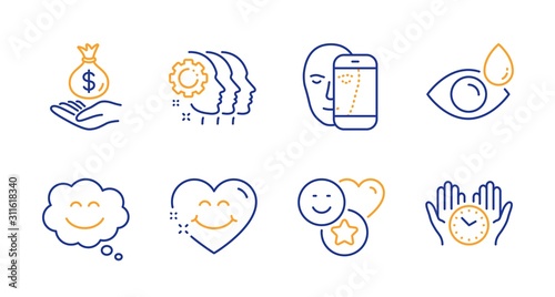 Employees teamwork, Income money and Smile line icons set. Smile face, Eye drops and Face biometrics signs. Safe time symbol. Collaboration, Savings. People set. Line employees teamwork icon. Vector