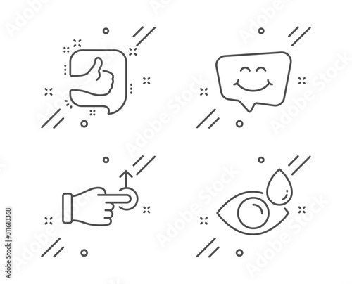 Like, Smile chat and Drag drop line icons set. Eye drops sign. Thumb up, Happy face, Move. Check vision. Business set. Line like outline icon. Vector