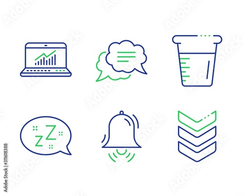 Text message, Cooking beaker and Online statistics line icons set. Sleep, Clock bell and Shoulder strap signs. Chat bubble, Water, Computer data. Zzz bubble. Business set. Vector
