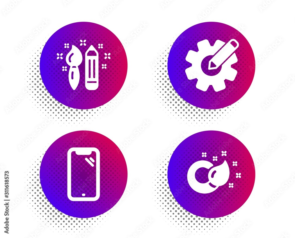Smartphone, Cogwheel and Creativity icons simple set. Halftone dots button. Paint brush sign. Phone, Edit settings, Graphic art. Creativity. Business set. Classic flat smartphone icon. Vector