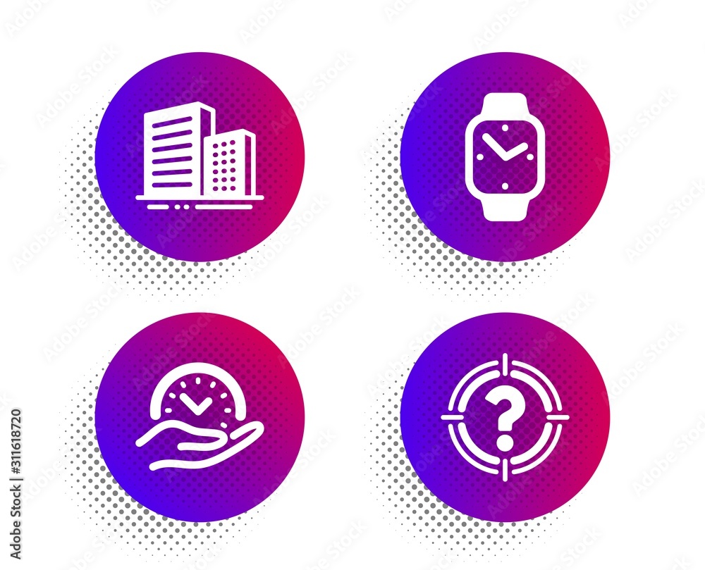 Buildings, Smartwatch and Safe time icons simple set. Halftone dots button. Headhunter sign. City architecture, Digital time, Management. Aim with question mark. Business set. Vector