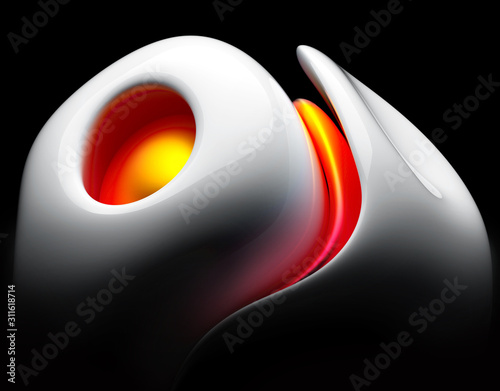 Fototapeta Naklejka Na Ścianę i Meble -  3d render of abstract art 3d background based on fragment of ball in organic curve round smooth and soft bio form in white glossy ceramic material with red and orange gradient matte plastic parts 