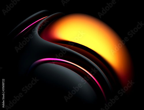 3d render of abstract art 3d background with part of ball in organic curve round smooth and soft bio form in matte black aluminum metal material with part in gradient orange and pink color on black