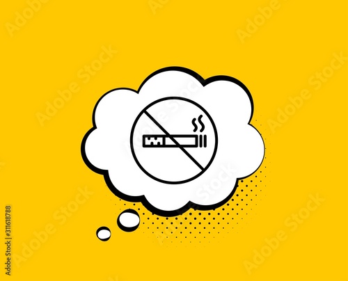 No smoking line icon. Comic speech bubble. Stop smoke sign. Hotel service symbol. Yellow background with chat bubble. No smoking icon. Colorful banner. Vector