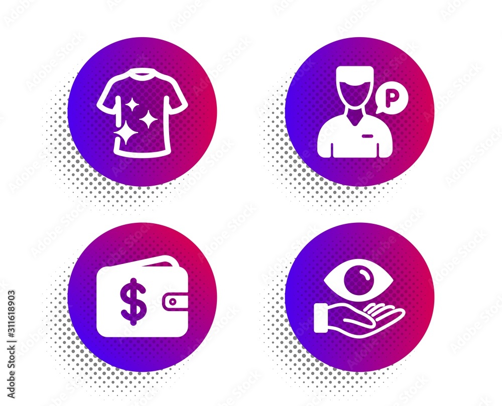Dollar wallet, Clean t-shirt and Valet servant icons simple set. Halftone dots button. Health eye sign. Cash money, Laundry shirt, Parking man. Optometry. Business set. Vector Dollar wallet, Clean t-shirt and Valet servant icons simple set. Halftone dots button. Health eye sign. Cash money, Laundry shirt, Parking man. Optometry. Business set. Vector