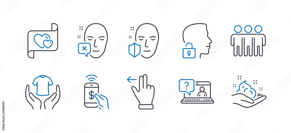 Set of People icons, such as Hold t-shirt, Faq, Face declined, Face protection, Friendship, Unlock system, Phone payment, Touchscreen gesture, Love letter, Skin care line icons. Vector Set of People icons, such as Hold t-shirt, Faq, Face declined, Face protection, Friendship, Unlock system, Phone payment, Touchscreen gesture, Love letter, Skin care line icons. Vector