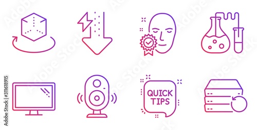 Augmented reality, Face verified and Energy drops line icons set. Quick tips, Monitor and Chemistry lab signs. Speaker, Recovery server symbols. Virtual reality, Access granted. Science set. Vector