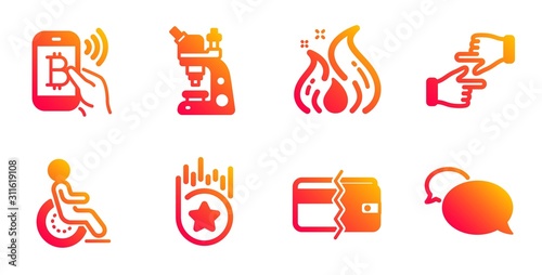 Fire energy, Bitcoin pay and Loyalty star line icons set. Disability, Microscope and Click hands signs. Payment methods, Messenger symbols. Flame, Mobile payment. Business set. Vector