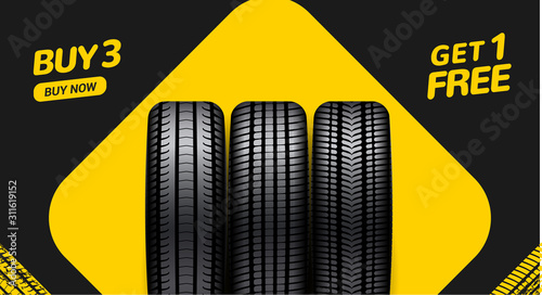 Car tire sale banner, buy 3 get 1 free. Car tyre service flyer promo background. Tire sale advertising