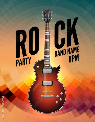 Rock music live concert poster flyer. Rock party festival show band poster with guitar