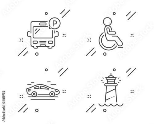 Bus parking, Disabled and Car line icons set. Lighthouse sign. Public park, Handicapped wheelchair, Transport. Searchlight tower. Transportation set. Line bus parking outline icon. Vector