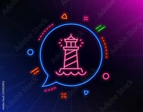 Lighthouse line icon. Neon laser lights. Searchlight tower sign. Beacon symbol. Glow laser speech bubble. Neon lights chat bubble. Banner badge with lighthouse icon. Vector