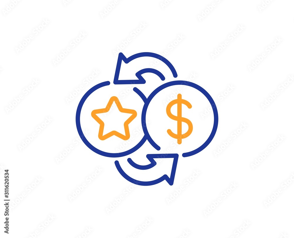 Bonus money. Loyalty points line icon. Discount program symbol. Colorful outline concept. Blue and orange thin line loyalty points icon. Vector Bonus money. Loyalty points line icon. Discount program symbol. Colorful outline concept. Blue and orange thin line loyalty points icon. Vector