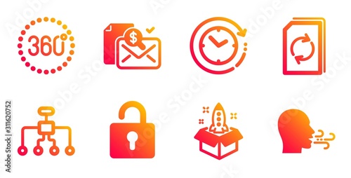 Startup, Restructuring and 360 degrees line icons set. Time change, Accounting report and Update document signs. Lock, Breathing exercise symbols. Innovation, Delegate. Technology set. Vector