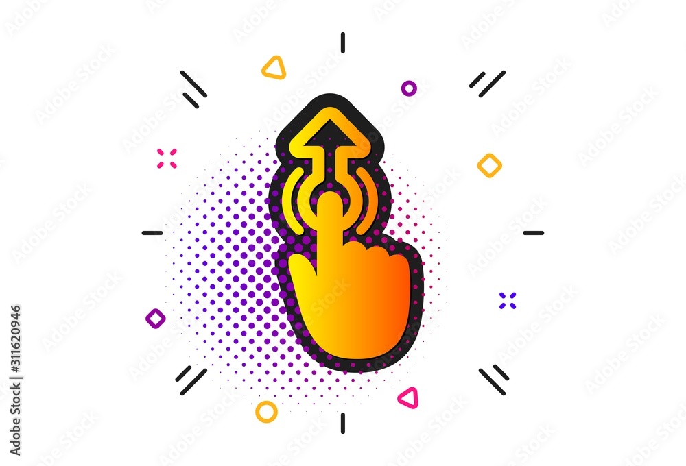 Fototapeta premium Move finger sign. Halftone circles pattern. Swipe up icon. Touch technology symbol. Classic flat swipe up icon. Vector