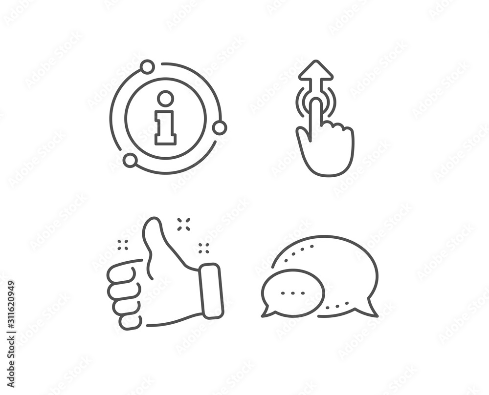 Swipe up line icon. Chat bubble, info sign elements. Move finger sign. Touch technology symbol. Linear swipe up outline icon. Information bubble. Vector Swipe up line icon. Chat bubble, info sign elements. Move finger sign. Touch technology symbol. Linear swipe up outline icon. Information bubble. Vector