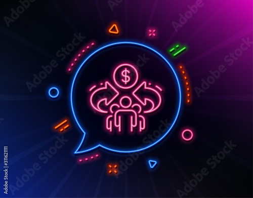 Sharing economy line icon. Neon laser lights. Business group sign. Share symbol. Glow laser speech bubble. Neon lights chat bubble. Banner badge with sharing economy icon. Vector