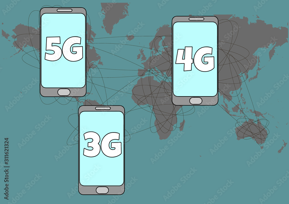 Phones with 3G, 4G, 5G on the background of the world map. mobile ...