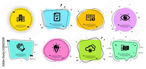 Health eye, Snow weather and Checklist line icons set. Chat bubbles with quotes. Recovery computer, Energy and Help signs. Clapping hands, Buildings symbols. Optometry, Snowflake. Business set. Vector