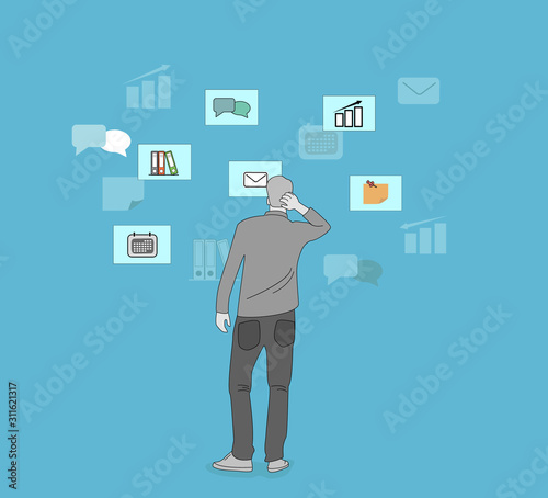 man is faced with a choice. a choice of many icons. vector illustration.