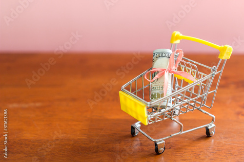 Concept of US dollar rolled and tied with ribbon in mini shopping cart with wood table background with copy space. Finance, money market funds concept.