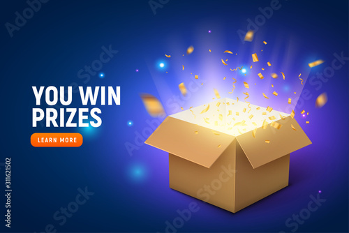 Vector prize gift box confetti explosion background. Open box winner reward