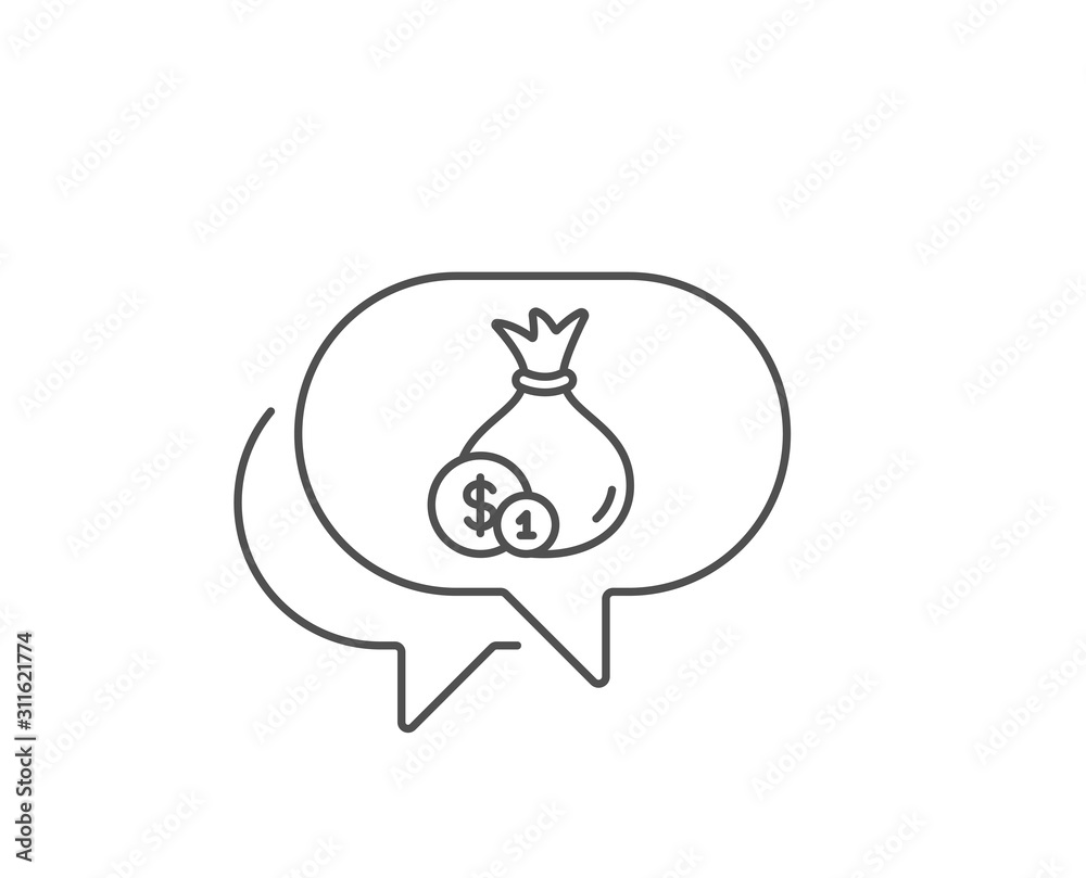 Money bag with Coins line icon. Chat bubble design. Cash Banking currency sign. Dollar or USD symbol. Outline concept. Thin line cash icon. Vector Money bag with Coins line icon. Chat bubble design. Cash Banking currency sign. Dollar or USD symbol. Outline concept. Thin line cash icon. Vector