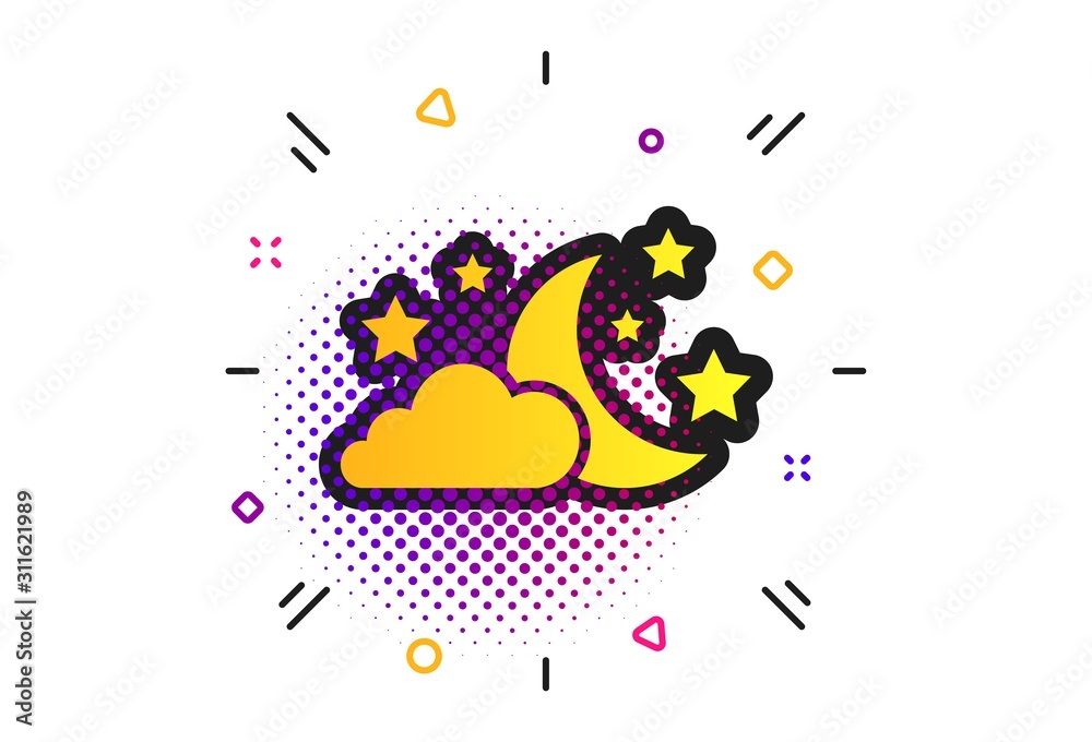 Moon, clouds and stars icon. Halftone dots pattern. Sleep dreams symbol. Night or bed time sign. Classic flat sleep icon. Vector