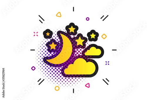 Moon, clouds and stars icon. Halftone dots pattern. Sleep dreams symbol. Night or bed time sign. Classic flat stars icon. Vector