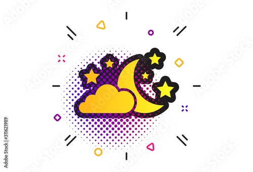 Moon  clouds and stars icon. Halftone dots pattern. Sleep dreams symbol. Night or bed time sign. Classic flat sleep icon. Vector