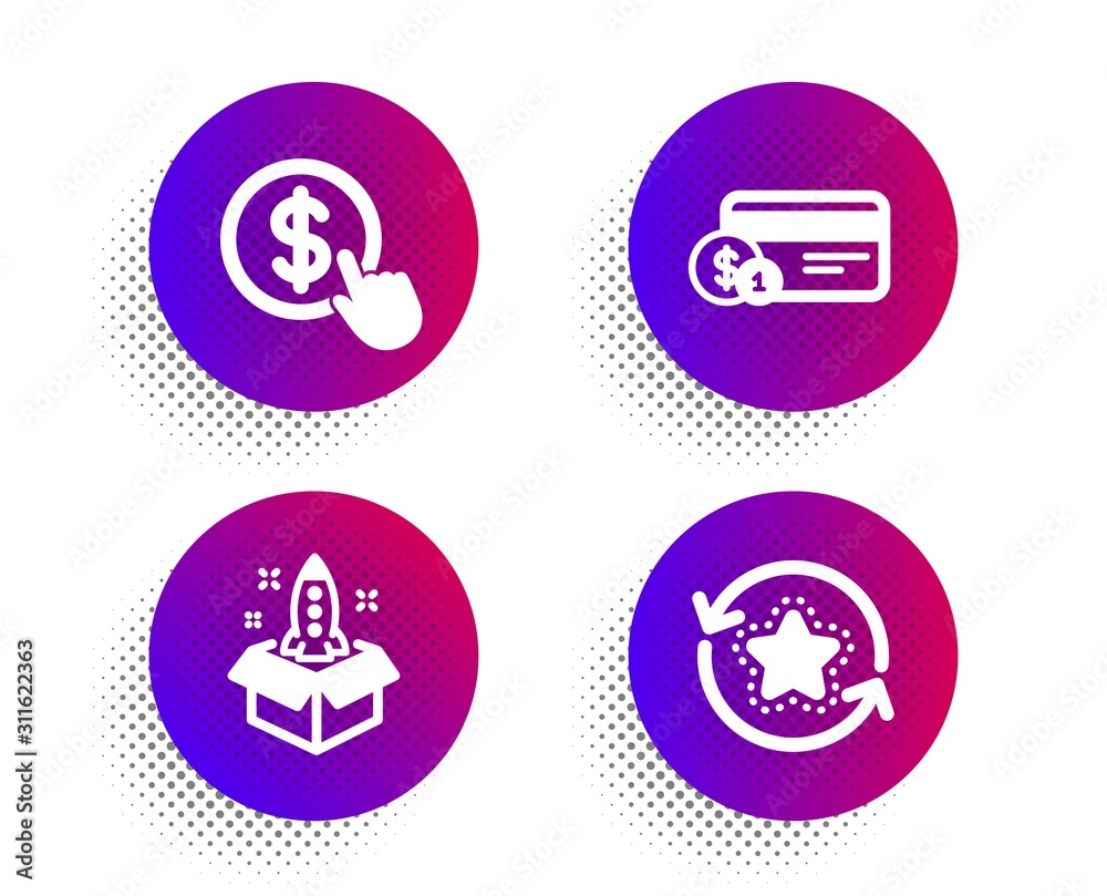 Startup, Buy currency and Payment method icons simple set. Halftone dots button. Loyalty points sign. Innovation, Money exchange, Cash or non-cash payment. Bonus reward. Finance set. Vector