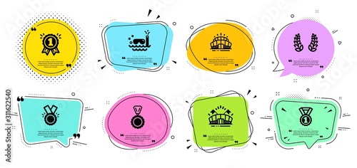 Best rank, Scuba diving and Reward line icons set. Chat bubbles with quotes. Arena stadium, Laurel wreath and Sports arena signs. Honor, Medal symbols. Success medal, Trip swimming. Sports set. Vector