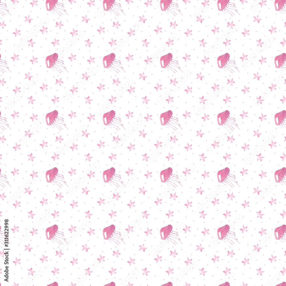  Seamless pattern of watercolor sea pink jellyfish and star on a white background. Use for invitations, birthdays, menus