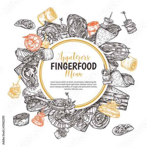 Finger food round banner, label or poster with design for restaurant, cafe. Snacks, appetizers, mini canapes, sandwiches, seafood, hamburger, rolls on backgraund. Vector monochrome illustration