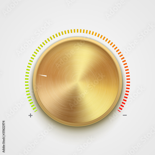 Volume button metal texture golden. Music knob sound level. Sound panel tuner interface