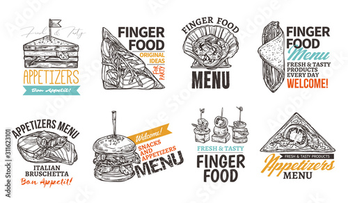 Set of square logo with finger food. Design for restaurant, cafe, website. Emblems and labels with snacks and appetizers. Vector illustration of badges in hand drawn sketch