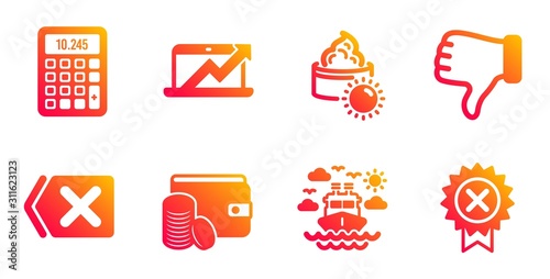 Calculator, Dislike hand and Remove line icons set. Sales diagram, Payment method and Sun cream signs. Ship travel, Reject medal symbols. Accounting device, Thumbs down. Vector