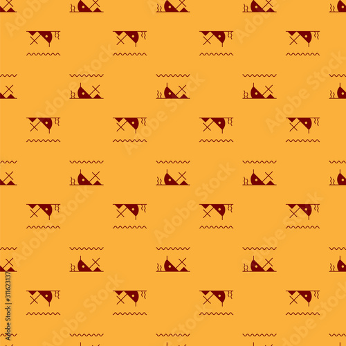 Red Sunken ship at the bottom of the sea icon isolated seamless pattern on brown background. Vector Illustration