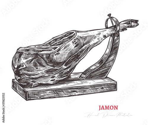 Spanish jamon hand drawn sketch illustration. Meat product or farm pork engraving vector
