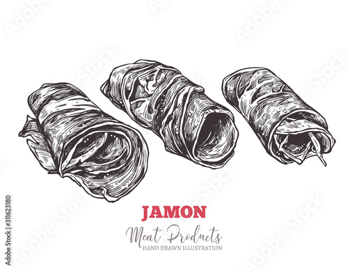 Spanish jamon, italian prosciutto crudo or parma ham in vector hand drawn style. Slices of dry cured meat sketch illustration. Farm natural product
