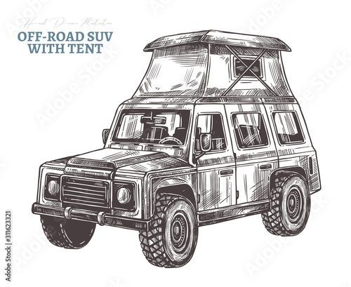 Vector off-road suv car with rooftop tent.  Hand drawn sketch automobile for bad roads, safari, extreme sport, rally and mountain adventure. Engraving illustration