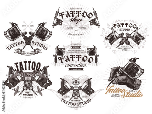 Tattoo emblems, badges and logo collection. Set of tattoo shops and salon labels and sign. Vector hand drawn illustrations in engraving style