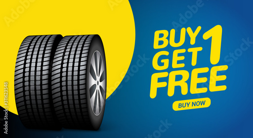 Car tire sale banner, buy 1 get 1 free. Car tyre service flyer promo background. Tire sale advertising