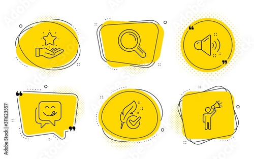 Loud sound, Research and Brand ambassador signs. Chat bubbles. Loyalty program, Yummy smile and Hypoallergenic tested line icons set. Bonus star, Emoticon, Feather. Music. Technology set. Vector