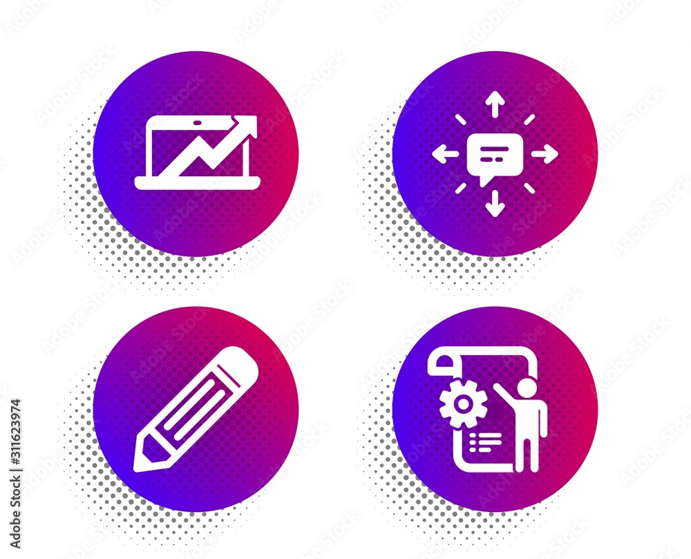 Pencil, Sales diagram and Sms icons simple set. Halftone dots button. Settings blueprint sign. Edit data, Sale growth chart, Conversation. Engineering cogwheel. Business set. Vector Pencil, Sales diagram and Sms icons simple set. Halftone dots button. Settings blueprint sign. Edit data, Sale growth chart, Conversation. Engineering cogwheel. Business set. Vector