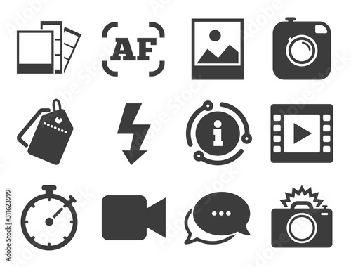 Camera, photos and frame signs. Discount offer tag, chat, info icon. Photo, video icons. Flash, timer and landscape symbols. Classic style signs set. Vector